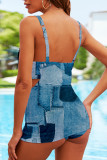 Blue Casual Print Patchwork Backless Swimwears