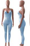 Cyan Sexy Solid Patchwork Spaghetti Strap Skinny Jumpsuits