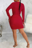 Red Sexy Solid Patchwork V Neck Pencil Skirt Dresses