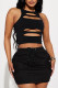 Black Sexy Solid Hollowed Out Patchwork O Neck Sleeveless Two Pieces