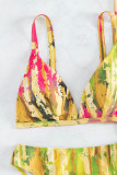 Green Yellow Sexy Print Bandage Patchwork 3 Piece Sets