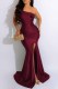 Burgundy Sexy Print Slit Letter Off the Shoulder Wrapped Skirt Dresses
