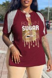 Pink Casual Print Tassel Patchwork V Neck T-Shirts