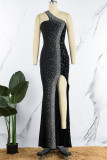 Black Sexy Solid Patchwork Slit Hot Drill Oblique Collar Evening Dress Dresses