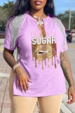 Pink Casual Print Tassel Patchwork V Neck T-Shirts