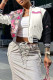 White Casual Street Print Patchwork Buckle Outerwear