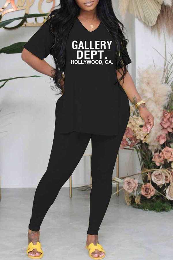 Black Casual Print Letter V Neck Short Sleeve Two Pieces