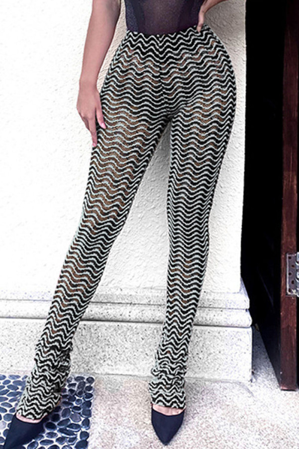 Grey Sexy Street Print Patchwork High Waist Pencil Full Print Bottoms