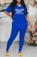 Blue Casual Print Letter V Neck Short Sleeve Two Pieces