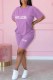 Purple Casual Print Letter O Neck Short Sleeve Two Pieces