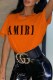 Orange Casual Print Letter O Neck T-Shirts