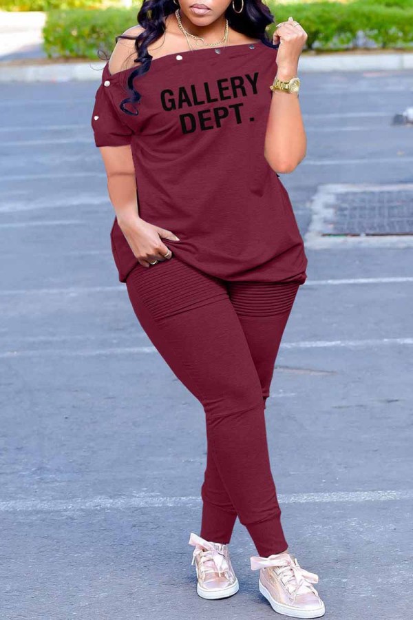 Burgundy Casual Print Letter Off the Shoulder Short Sleeve Two Pieces