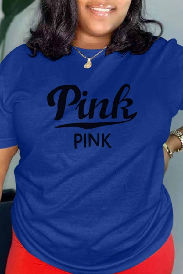 Blue Casual Print Letter O Neck T-Shirts
