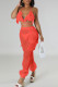 Red Sexy Solid Bandage Patchwork Halter Sleeveless Three Pieces