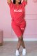 Watermelon Red Casual Print Letter O Neck Short Sleeve Two Pieces