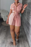 Pink Casual Solid Patchwork Pocket Buckle Turndown Collar Short Sleeve Two Pieces