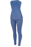 Peacock Blue Sexy Solid High Opening Strapless Sleeveless Two Pieces