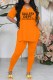 Orange Casual Print Letter V Neck Short Sleeve Two Pieces