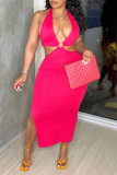 Red Sexy Print Patchwork Halter One Step Skirt Dresses