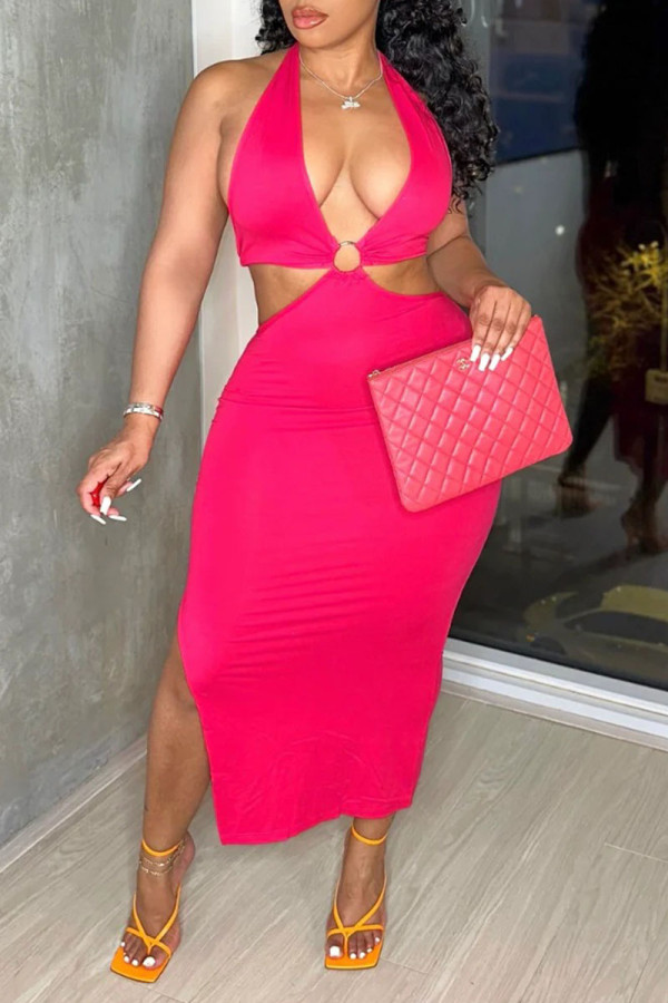 Red Sexy Print Patchwork Halter One Step Skirt Dresses
