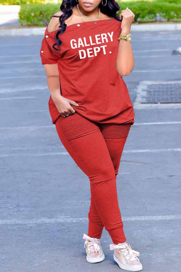 Red Casual Print Letter Off the Shoulder Short Sleeve Two Pieces