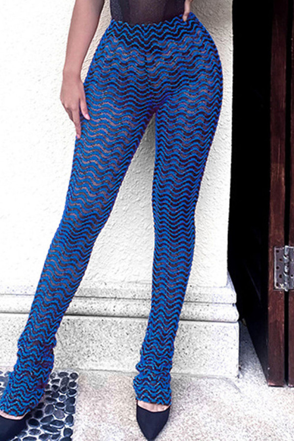 Blue Sexy Street Print Patchwork High Waist Pencil Full Print Bottoms