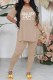 Apricot Casual Print Letter V Neck Short Sleeve Two Pieces