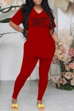 Red Casual Print Letter V Neck Short Sleeve Two Pieces