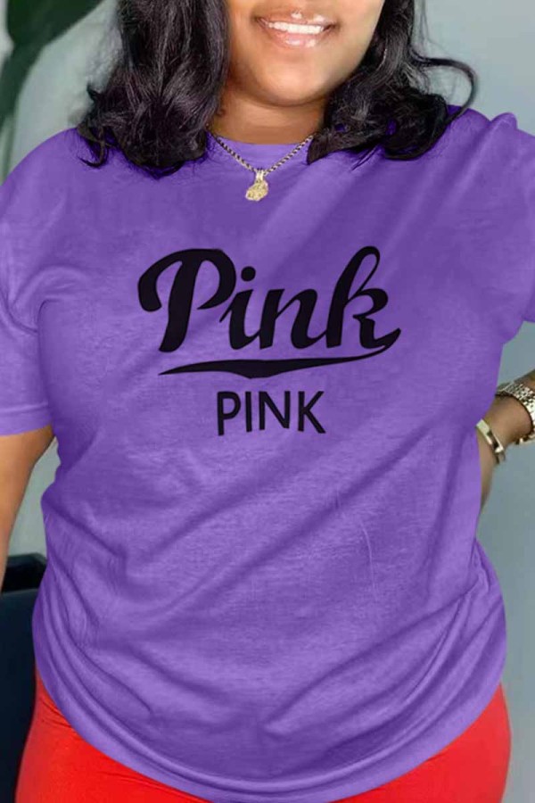 Purple Casual Print Letter O Neck T-Shirts