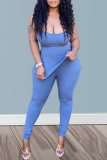 Peacock Blue Sexy Solid High Opening Strapless Sleeveless Two Pieces