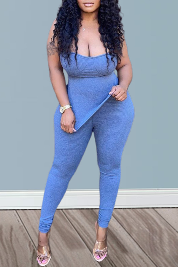 Peacock Blue Sexy Solid High Opening Strapless Sleeveless Two Pieces