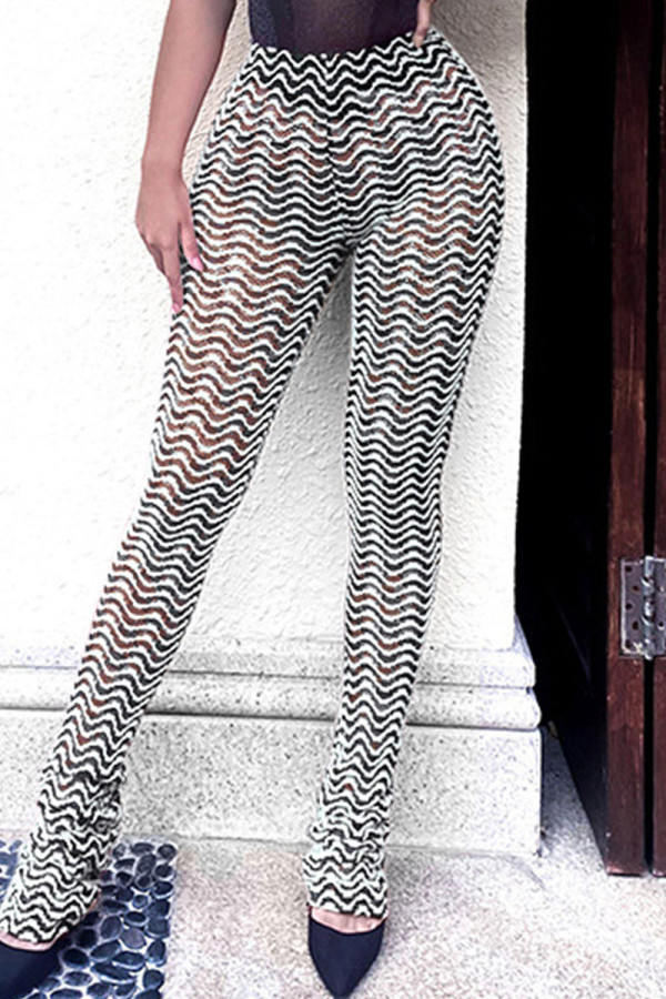 White Sexy Street Print Patchwork High Waist Pencil Full Print Bottoms