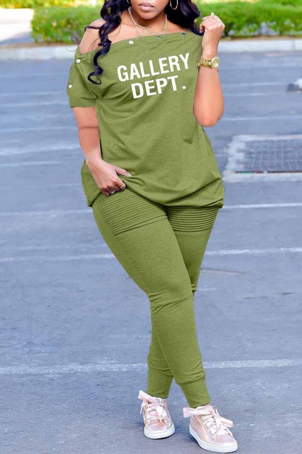 Army Green Casual Print Letter Off the Shoulder Short Sleeve Two Pieces