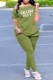 Army Green Casual Print Letter Off the Shoulder Short Sleeve Two Pieces