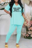 Red Casual Print Letter V Neck Short Sleeve Two Pieces