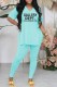 Sky Blue Casual Print Letter V Neck Short Sleeve Two Pieces