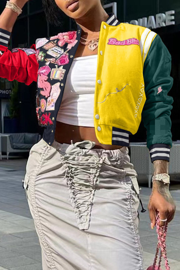 Yellow Casual Street Print Patchwork Buckle Outerwear