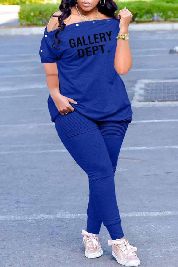 Blue Casual Print Letter Off the Shoulder Short Sleeve Two Pieces
