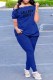 Blue Casual Print Letter Off the Shoulder Short Sleeve Two Pieces
