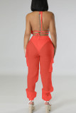 Red Sexy Solid Bandage Patchwork Halter Sleeveless Three Pieces