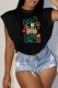 Black Casual Print Letter O Neck T-Shirts