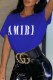 Blue Casual Print Letter O Neck T-Shirts