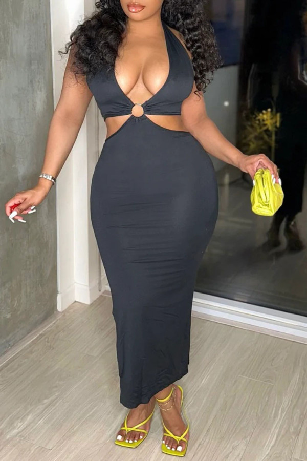 Black Sexy Print Patchwork Halter One Step Skirt Dresses