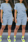 Blue Casual Solid Basic O Neck Short Sleeve Two Pieces
