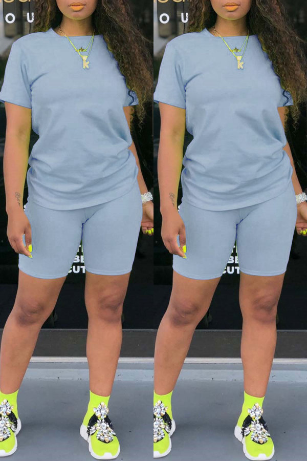Blue Casual Solid Basic O Neck Short Sleeve Two Pieces