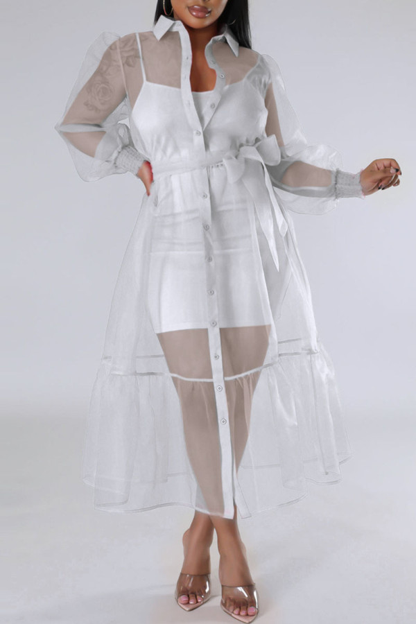 White Casual Solid Patchwork Buckle Turndown Collar Long Sleeve Two Pieces
