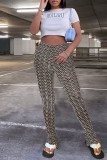 Blue Sexy Street Print Patchwork High Waist Pencil Full Print Bottoms