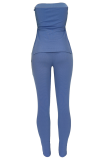 Peacock Blue Sexy Solid High Opening Strapless Sleeveless Two Pieces