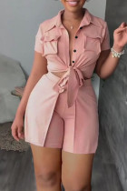 Pink Casual Solid Patchwork Pocket Buckle Turndown Collar Short Sleeve Two Pieces