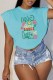 Baby Blue Casual Print Letter O Neck T-Shirts